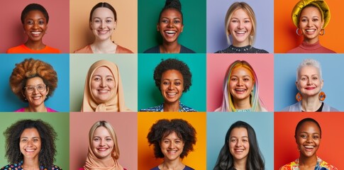 A collection of portraits featuring young, smiling women with diverse facial expressions, showcasing cultural diversity, various ethnicities, and different ages.