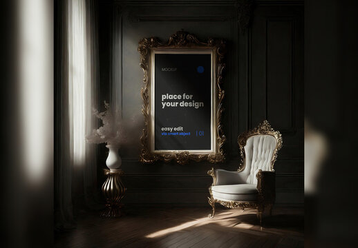 Elegant Baroque Scene Dramatic Light Poster Frame Mockup Generative Ai