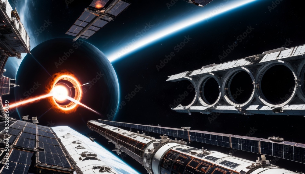 Poster a detailed scene of a space station with solar panels orbiting near a volatile cosmic anomaly, with 