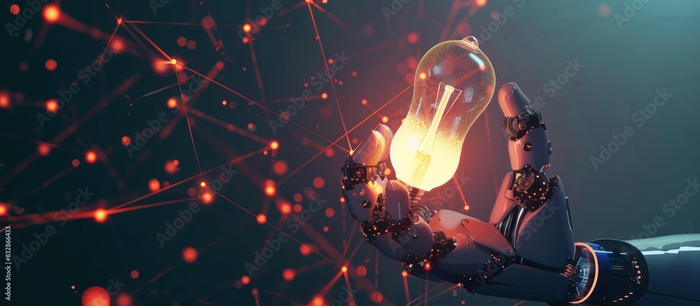 Poster artificial intelligence robot hand holding a glowing light bulb with a digital technology background