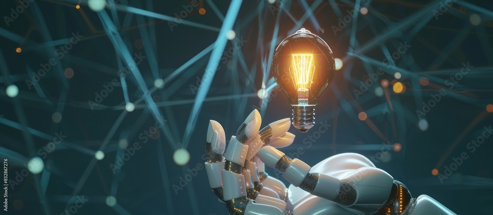 Poster artificial intelligence robot hand holding a glowing light bulb with a digital technology background