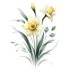 Obraz premium Watercolor drawing of yellow Daffodil flower, minimalistic sketch for garden, a single plant for summer 