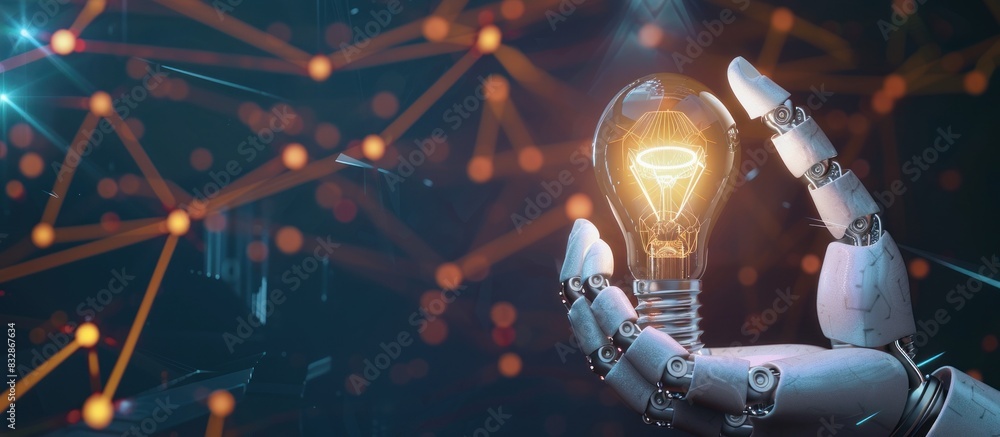 Poster artificial intelligence robot hand holding a glowing light bulb with a digital technology background