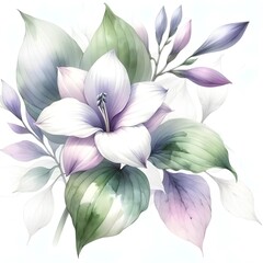 Hosta flower watercolor drawing, purple and violet floral with leaves