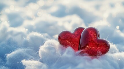 Fototapeta premium Two tiny red hearts on a fluffy white cloud Valentine s Day