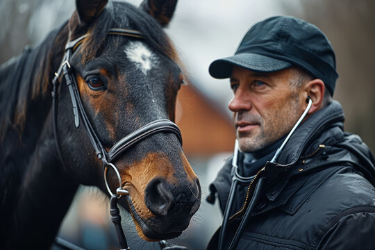 A veterinarian using a stethoscope to listen to a horse's heartbeat. Concept of equine medicine and thorough examinations. Generative Ai.
