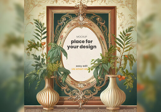 Elegant Circular Baroque Poster Frame Mockup with Plants Generative Ai