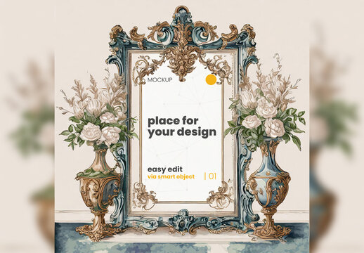 Elegant Illustrated Baroque Scene Poster Frame Mockup 02 Generative Ai