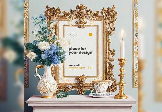 Elegant Illustrated Baroque Scene Poster Frame Mockup Generative Ai