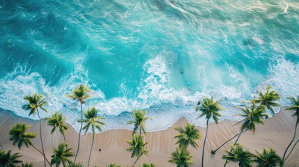 Fototapeta premium Aerial drone view of tropical beach landscape with coconut trees and blue waves crashing on the shore