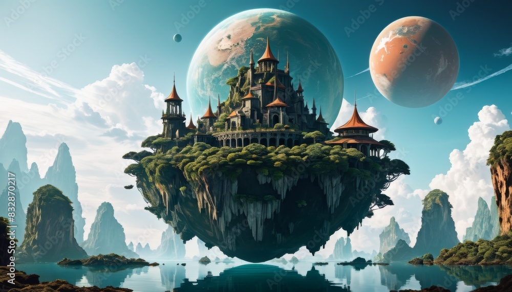Poster an enchanting floating island with majestic castles and lush greenery, set against a backdrop of dis