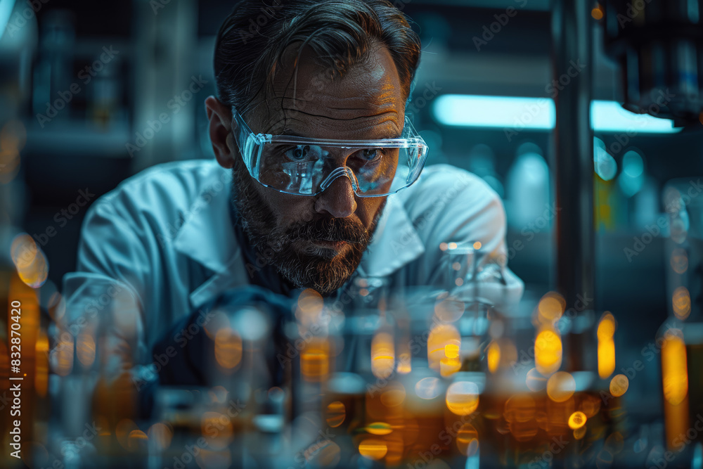 Poster a scientist conducting an experiment in a lab. concept of innovation and discovery. generative ai.