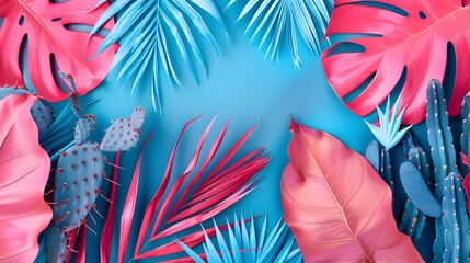 Tropical leaves and cactus in bright creative pink and blue colors. Minimalistic background concept...