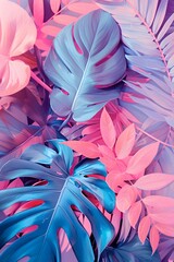 Tropical leaves and cactus in bright creative pink and blue colors. Minimalistic background concept art.