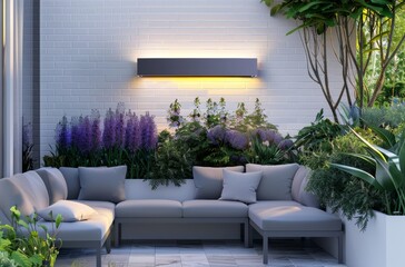 Naklejka premium A wall mounted outdoor cozy electric warmer on white brick, placed in an elegant and modern garden room with grey sofas and purple plants, taken in the style of Canon EOS. 