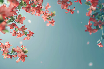 Japanese cherry blossom tree branch with pink flowers in bloom against a blurred background