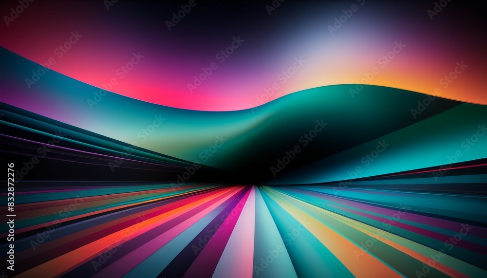 Poster a digital artwork presenting a vibrant landscape of flowing colors, with undulating shapes that crea