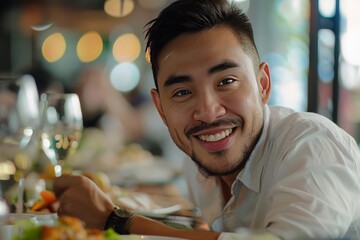 A cheerful Asian man in casual clothing dining and smiling at an elegant eatery