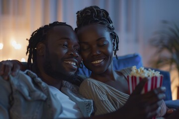 Obraz premium An intimate moment of a couple sharing a movie night on the couch, with focus on the shared popcorn