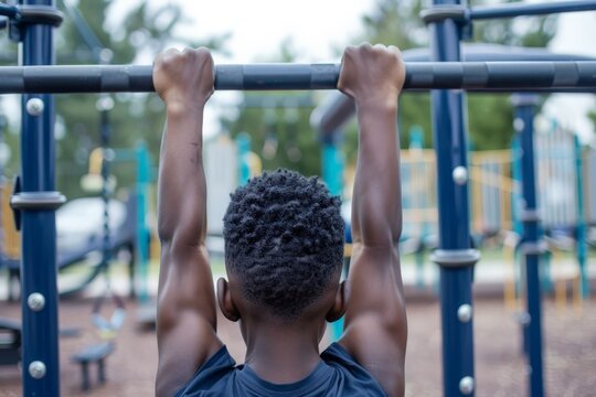 Child seen from behind as they grasp monkey bars at a playground, depicting playtime and activity