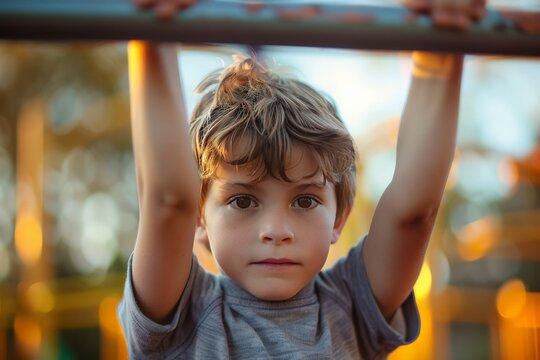 A young boy with expressive eyes hangs from playground monkey bars, focusing intently on the camera - Powered by Adobe