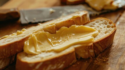 Close up image of a knife and butter spread on freshly baked bread - Powered by Adobe