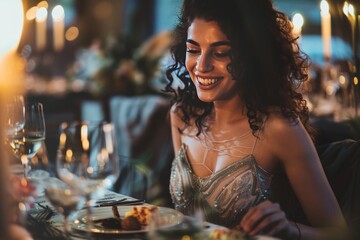A woman in a sparkling dress smiles joyfully while dining, contributing to the festive ambiance of the event - Powered by Adobe