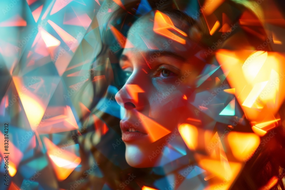 Poster triangular patterns creating an abstract light show with central grey space for content