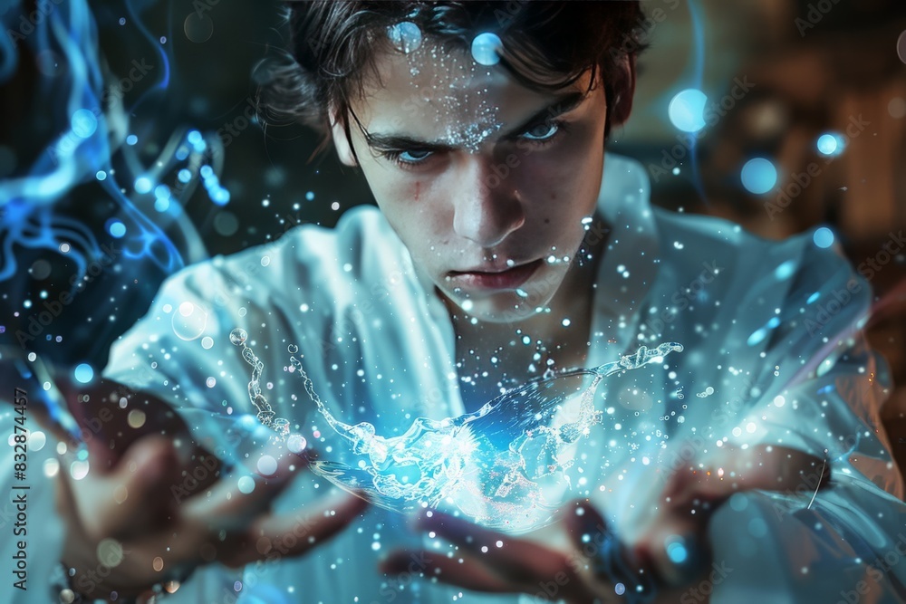 Aufkleber An intense portrayal of a person with a blurred face with an outburst of energy and virtual light streams