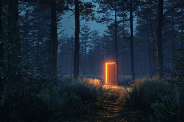 A vertical doorway of light shines brightly in the twilight, surrounded by serene woods and foliage