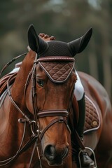 Obraz premium Close up of equestrian saddle and stirrups for competitive ride at summer olympic games