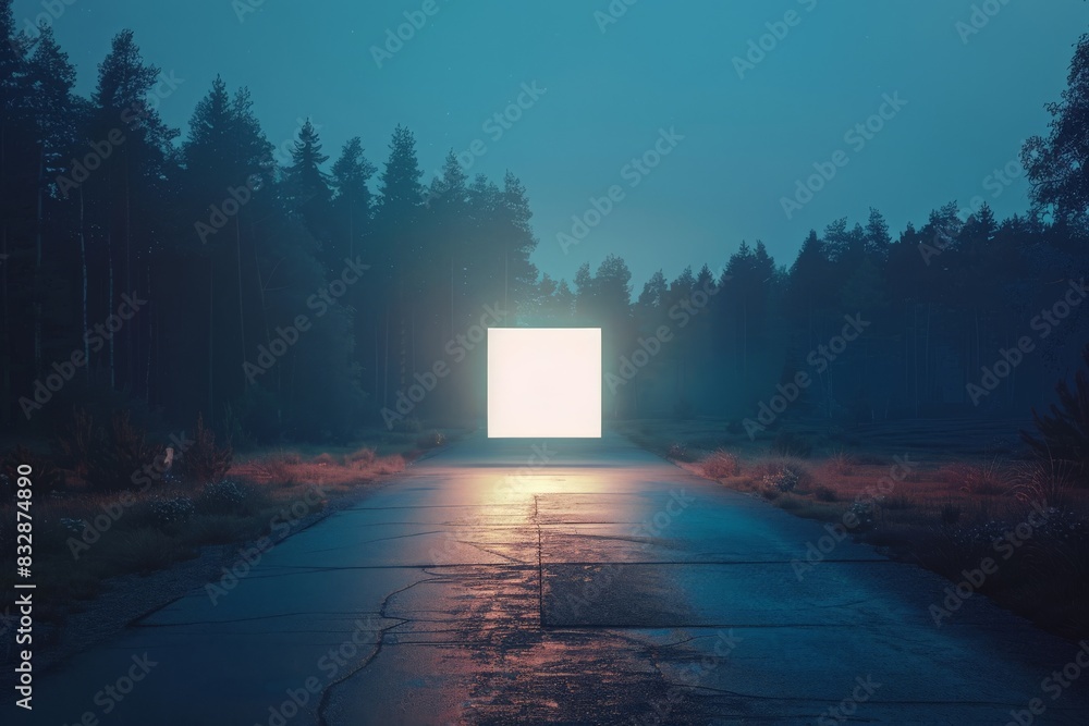 Poster A tranquil forest road scene is highlighted by a cube with a brightly glowing center, creating a sense of wonder and intrigue