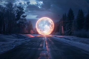 A majestic and surreal giant moon illuminates a snow-covered road lined with pine trees under the night sky