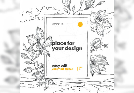 Frame Poster Mockup Linear Flowers Digital Illustration Handmade Style Generative Ai