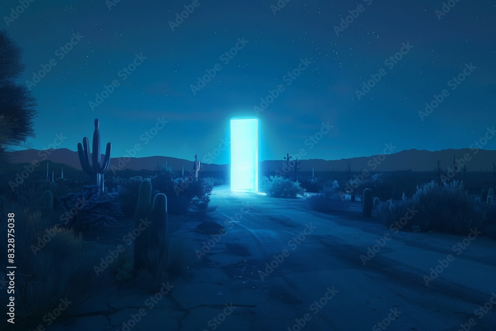Poster a surreal image of a glowing blue portal standing in a desert under a starry night sky, creating a s