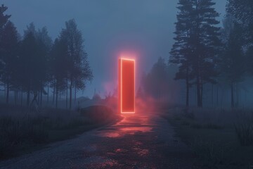 A sinister red portal looms over an abandoned road at twilight, giving a sense of eerie solitude and mystery