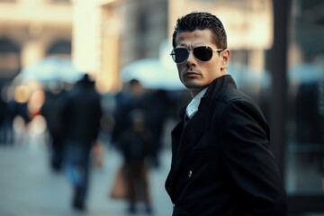 Fototapeta premium A male in sunglasses and a suit stands confidently outside, showcasing male fashion and urban sophistication