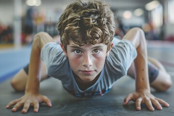 Fototapeta premium A curly-haired boy in push-up position at a gym, showing determination and strength