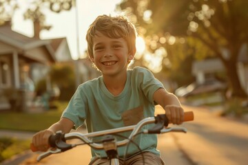 Obraz premium Cheerful young boy enjoys a bike ride in a suburban neighborhood at golden hour