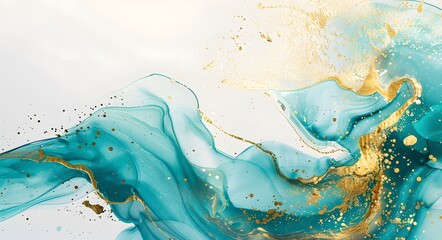 Abstract shiny turquoise golden ink wave background with copy space. Transparent watercolor wallpaper.