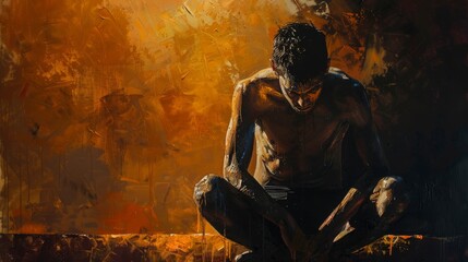 An olympic athlete sits alone in a quiet corner, lost in pre-competition contemplation. Sunlight streams through a high window, illuminating their focused face