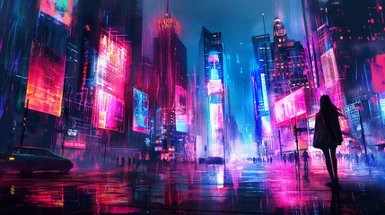 Fototapeta premium Painting of a Neon city’s town square in a rough animation style 