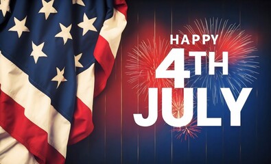 Happy 4th of July bold text , Celebrate with an American flag and fireworks illuminating the night sky, blue with glowing stripes background, banner template
