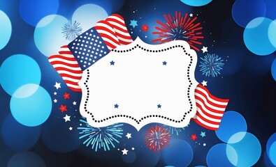 Obraz premium Clear Frame border with American flag and fireworks on a 4th of July blue bokeh lights background, celebrating Independence Day, space for text, banner template