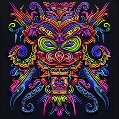 Vibrant Tribal Colorful Woodcarving Style on Black Background