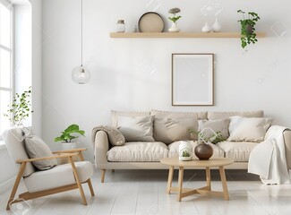 Sleek scandinavian interior of modern living room with design armchair, sofa and coffee table near window in white gray color