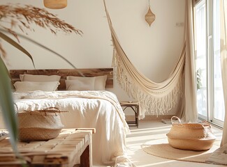 Stylish boho room interior with a wooden table, basket and beige bed against a white wall