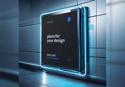Futuristic Neon Square Frame Poster Mockup Generative Ai