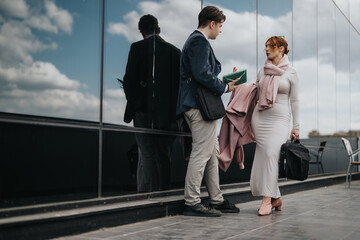 Dynamic young business professionals engage in strategic planning and discussion about project growth in an urban setting.