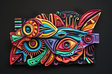 Obraz premium Vibrant Tribal Colorful Woodcarving Style on Black Background